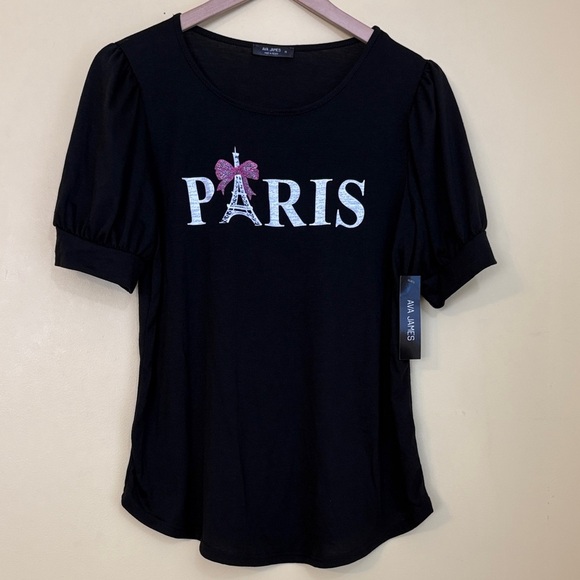 Ava James | NWT Black Paris Pink Bow Eiffel Tower Rounded Hem Short Sleeve Top M - Picture 1 of 13